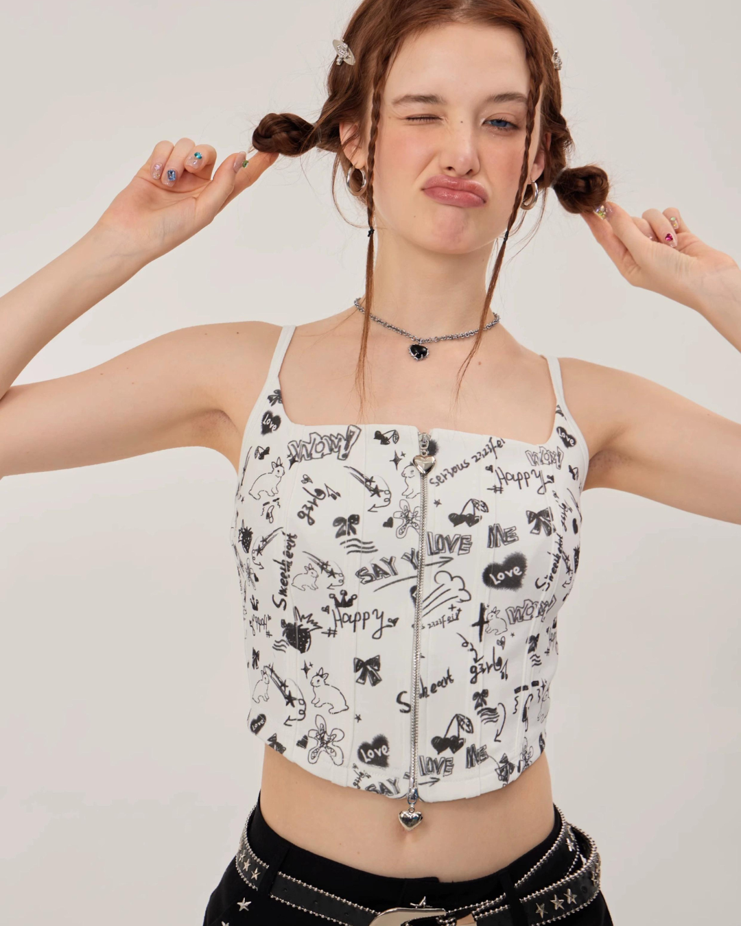 Graffiti Printed Zip Rib Camisole ZZF0252