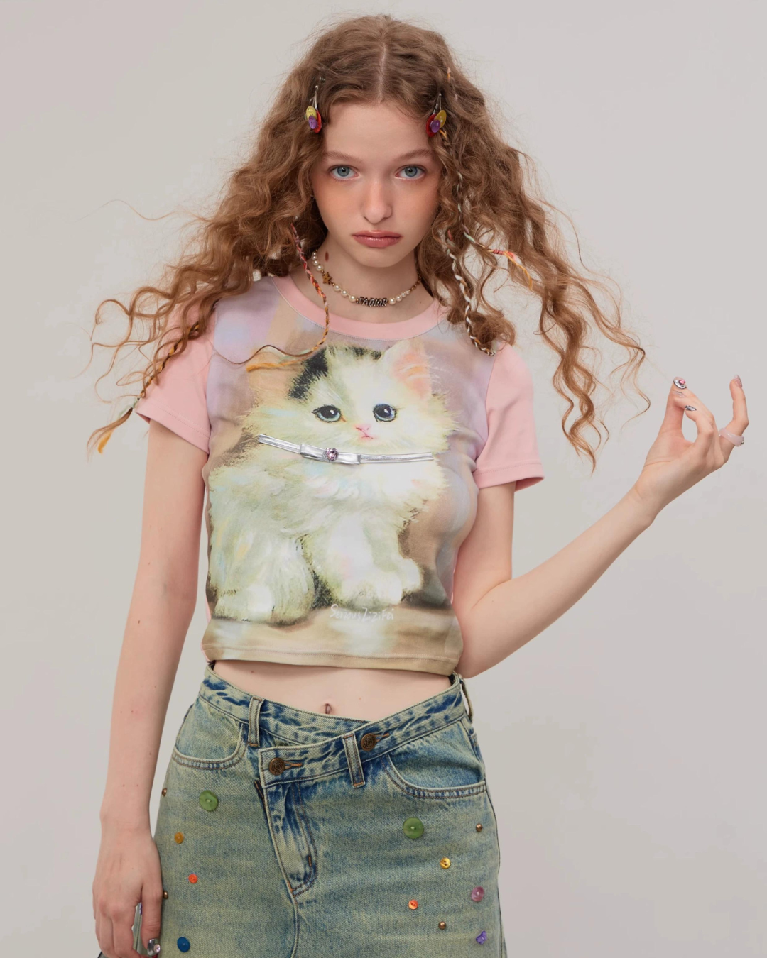 Retro Pink Cat Short Sleeve T-Shirt ZZF0271