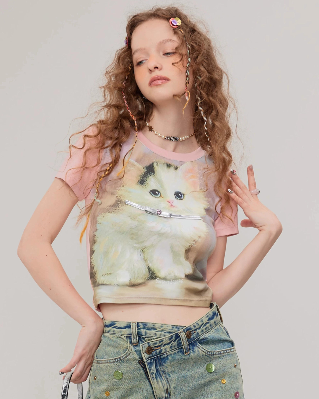 Retro Pink Cat Short Sleeve T-Shirt ZZF0271