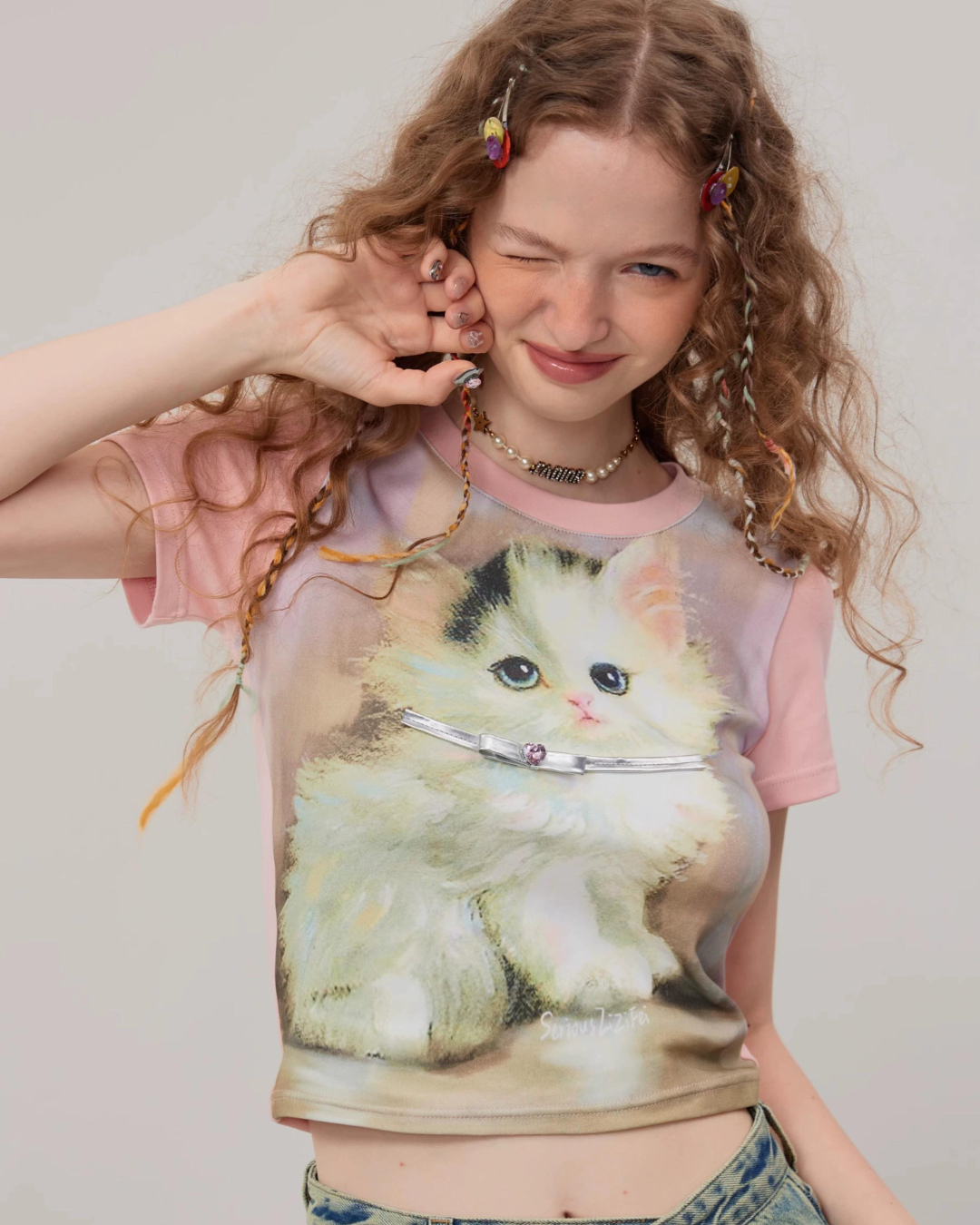 Retro Pink Cat Short Sleeve T-Shirt ZZF0271
