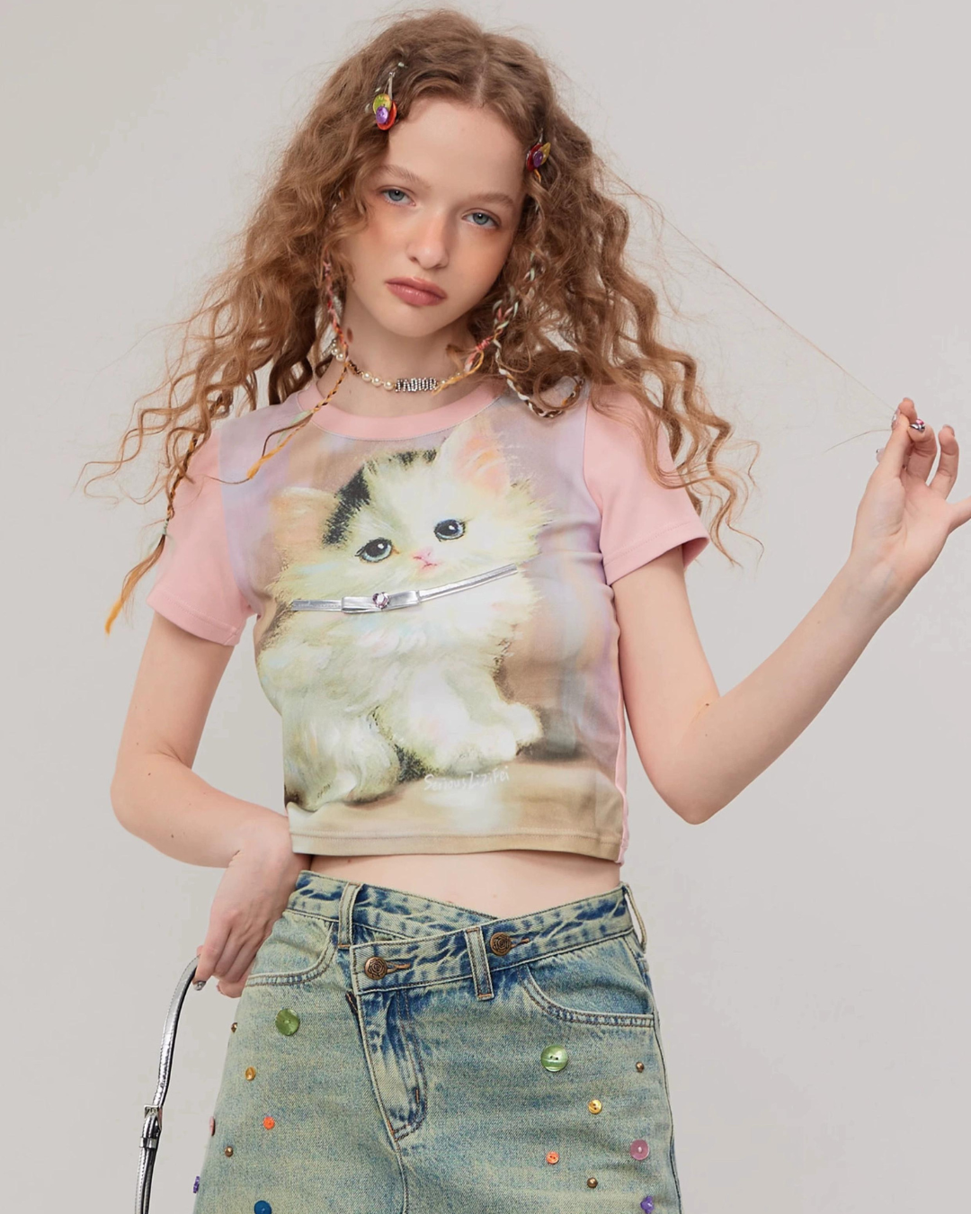 Retro Pink Cat Short Sleeve T-Shirt ZZF0271