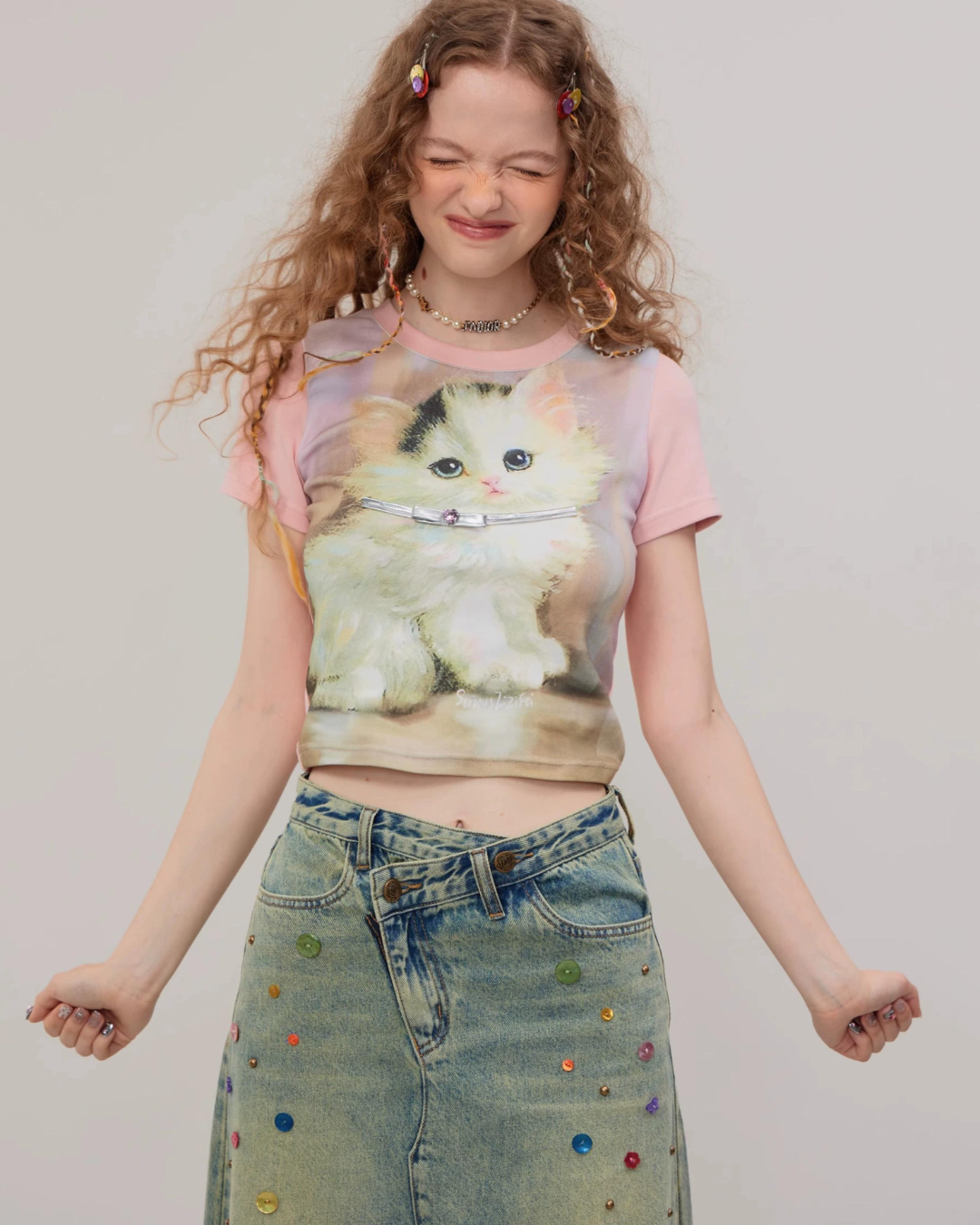 Retro Pink Cat Short Sleeve T-Shirt ZZF0271