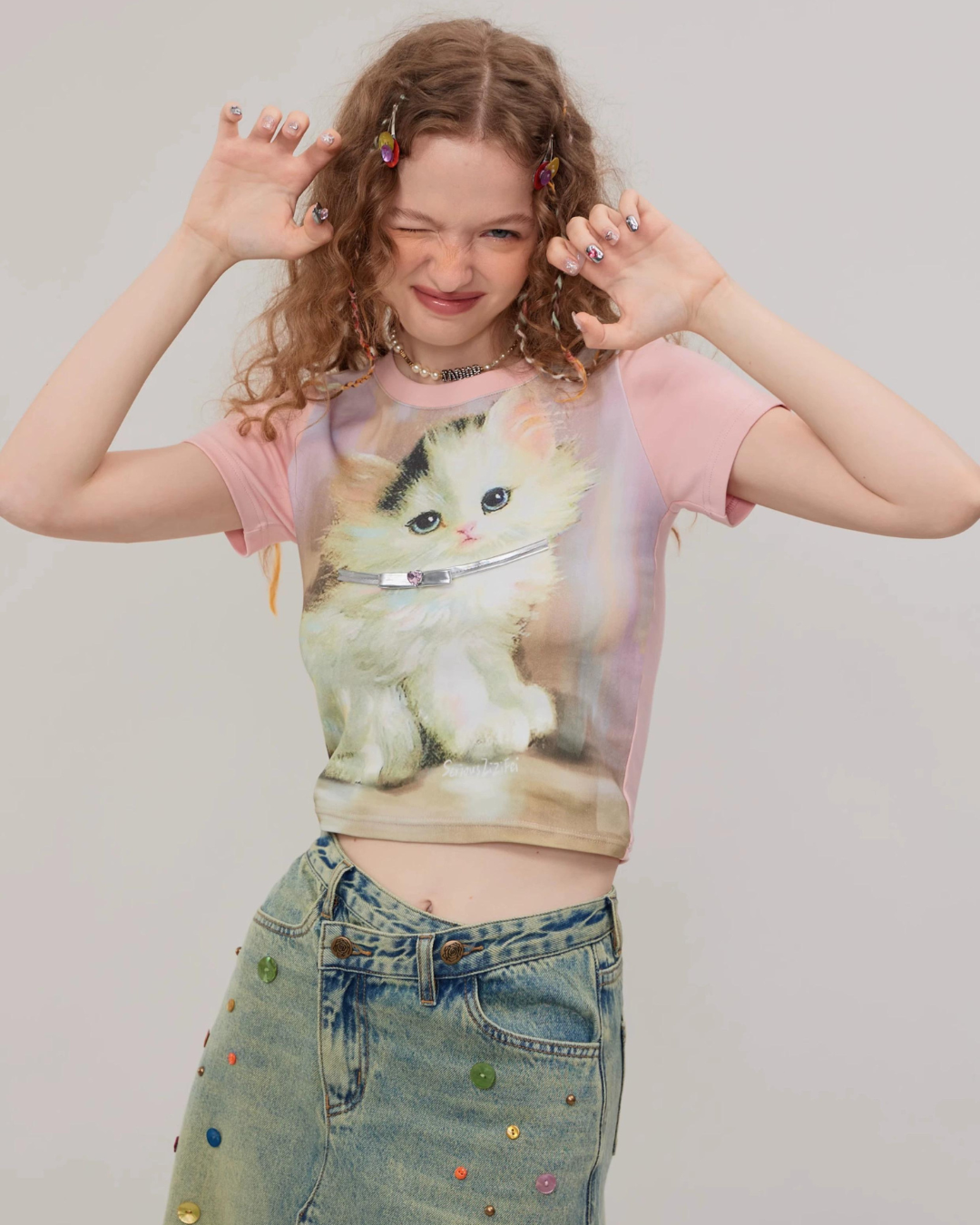 Retro Pink Cat Short Sleeve T-Shirt ZZF0271