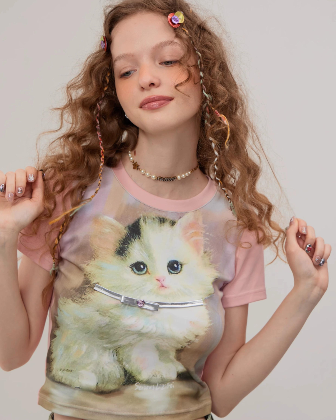 Retro Pink Cat Short Sleeve T-Shirt ZZF0271