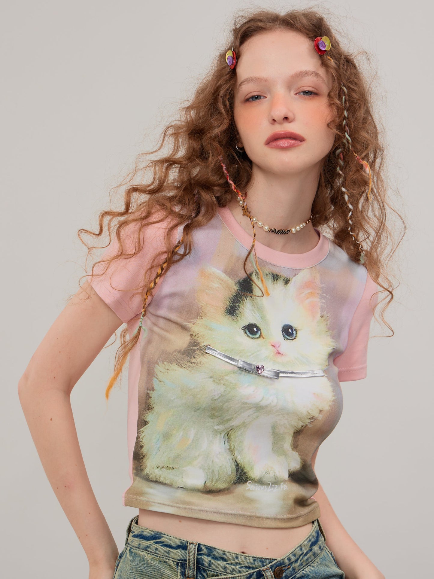 Retro Pink Cat Short Sleeve T-Shirt ZZF0271