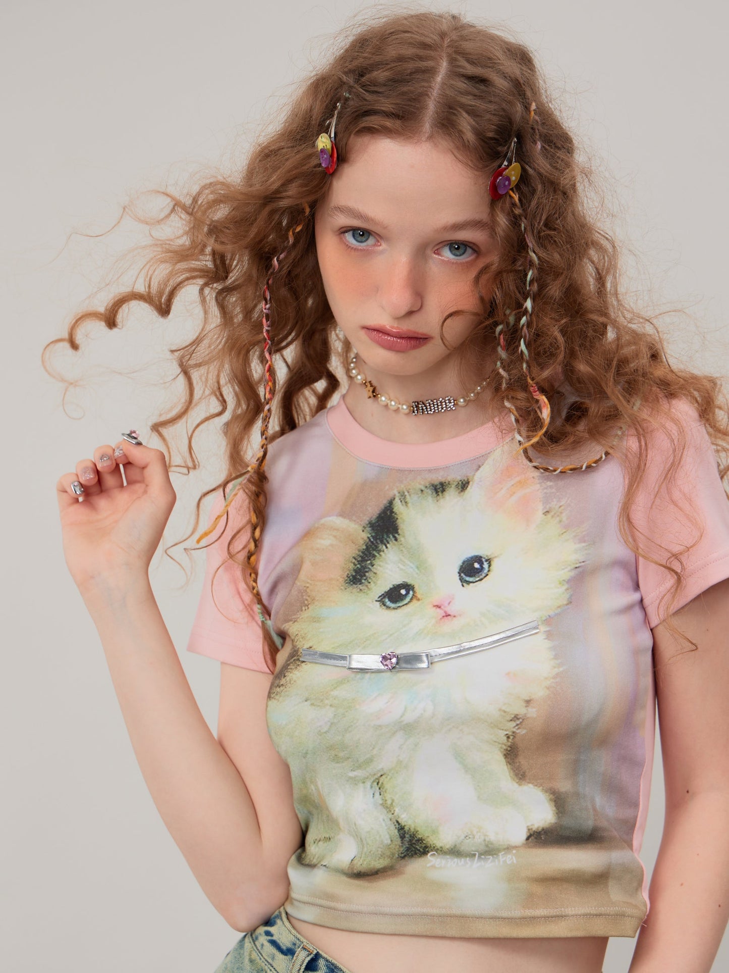 Retro Pink Cat Short Sleeve T-Shirt ZZF0271