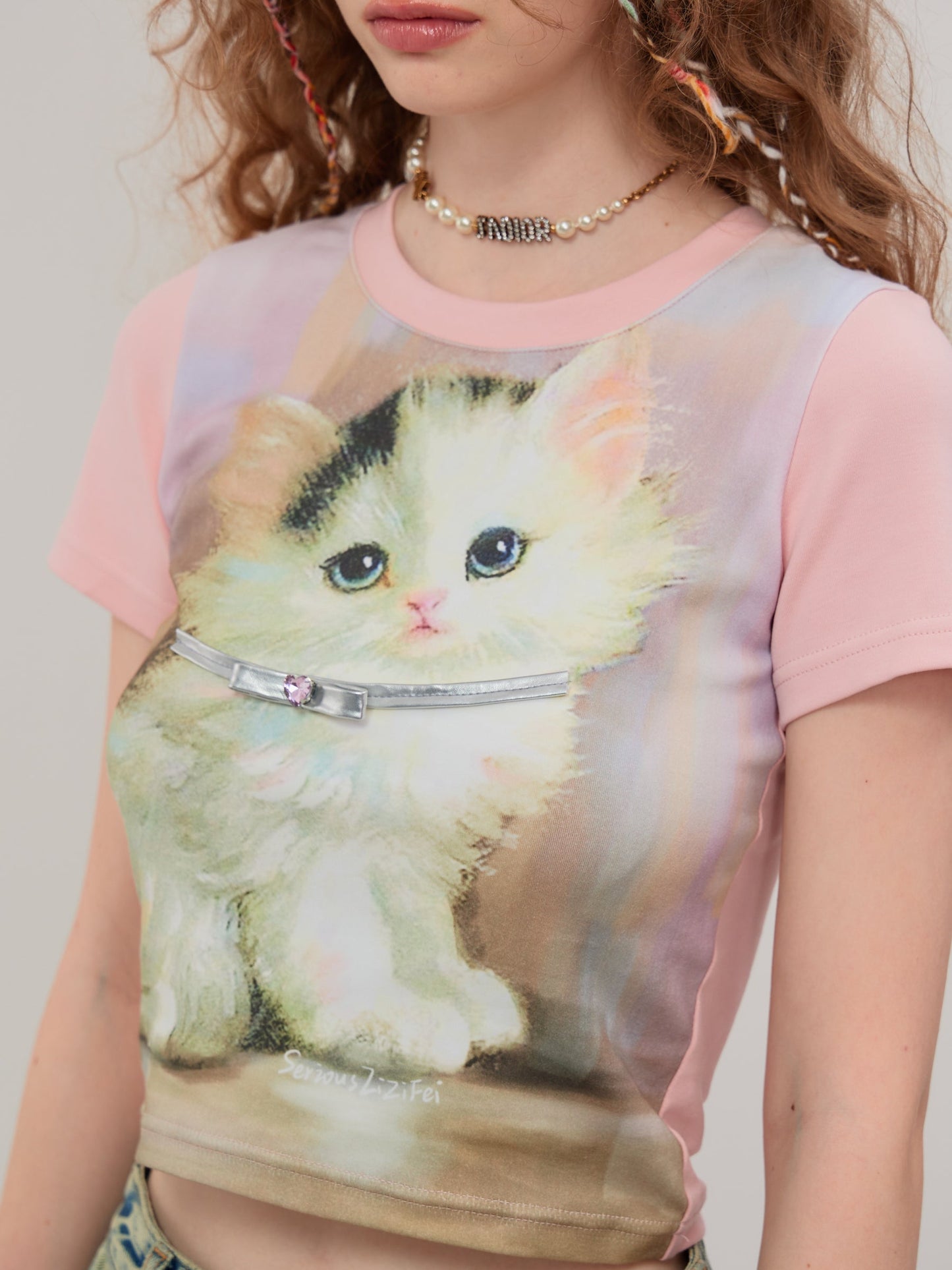 Retro Pink Cat Short Sleeve T-Shirt ZZF0271