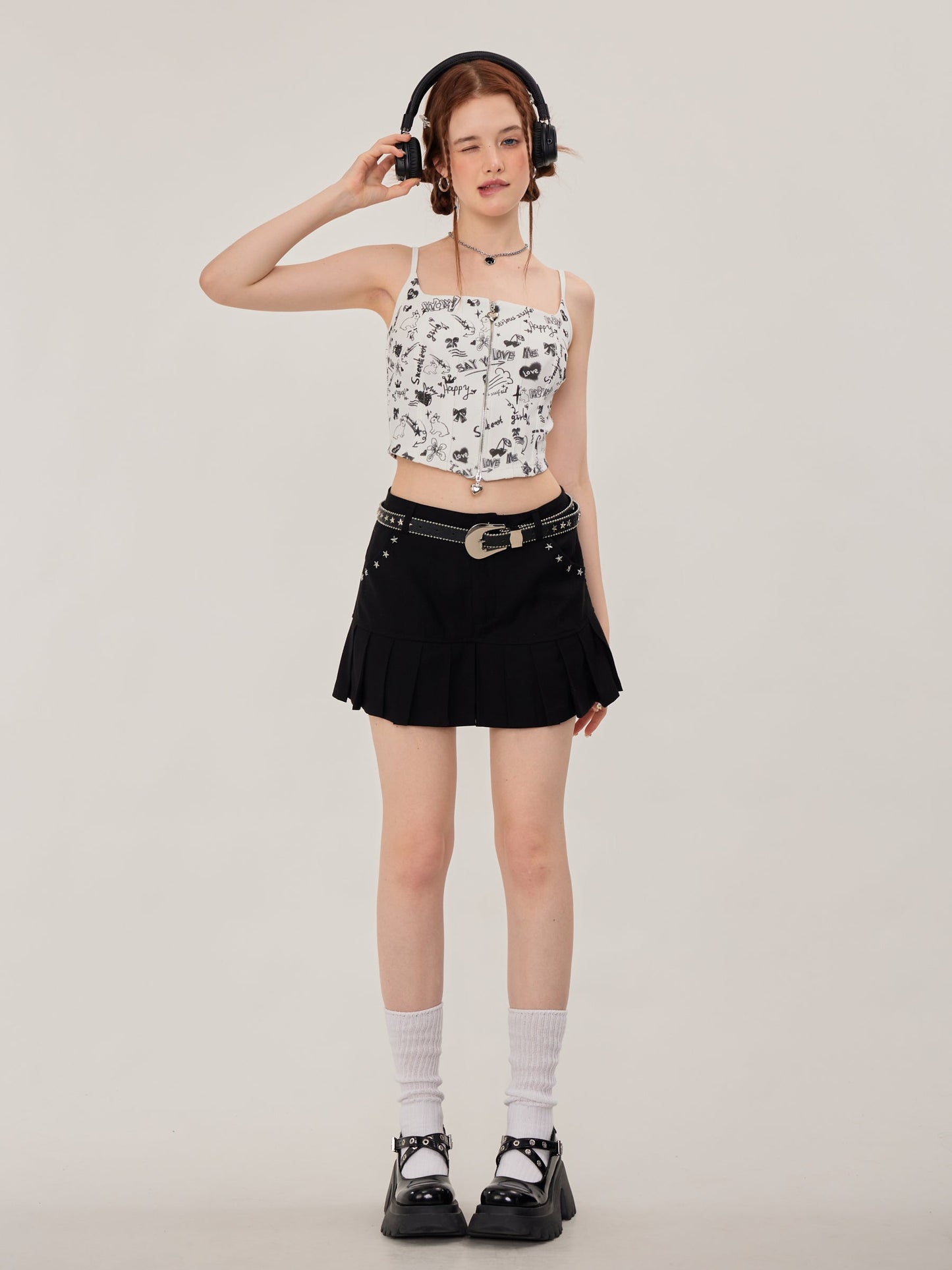 Graffiti Printed Zip Rib Camisole ZZF0252