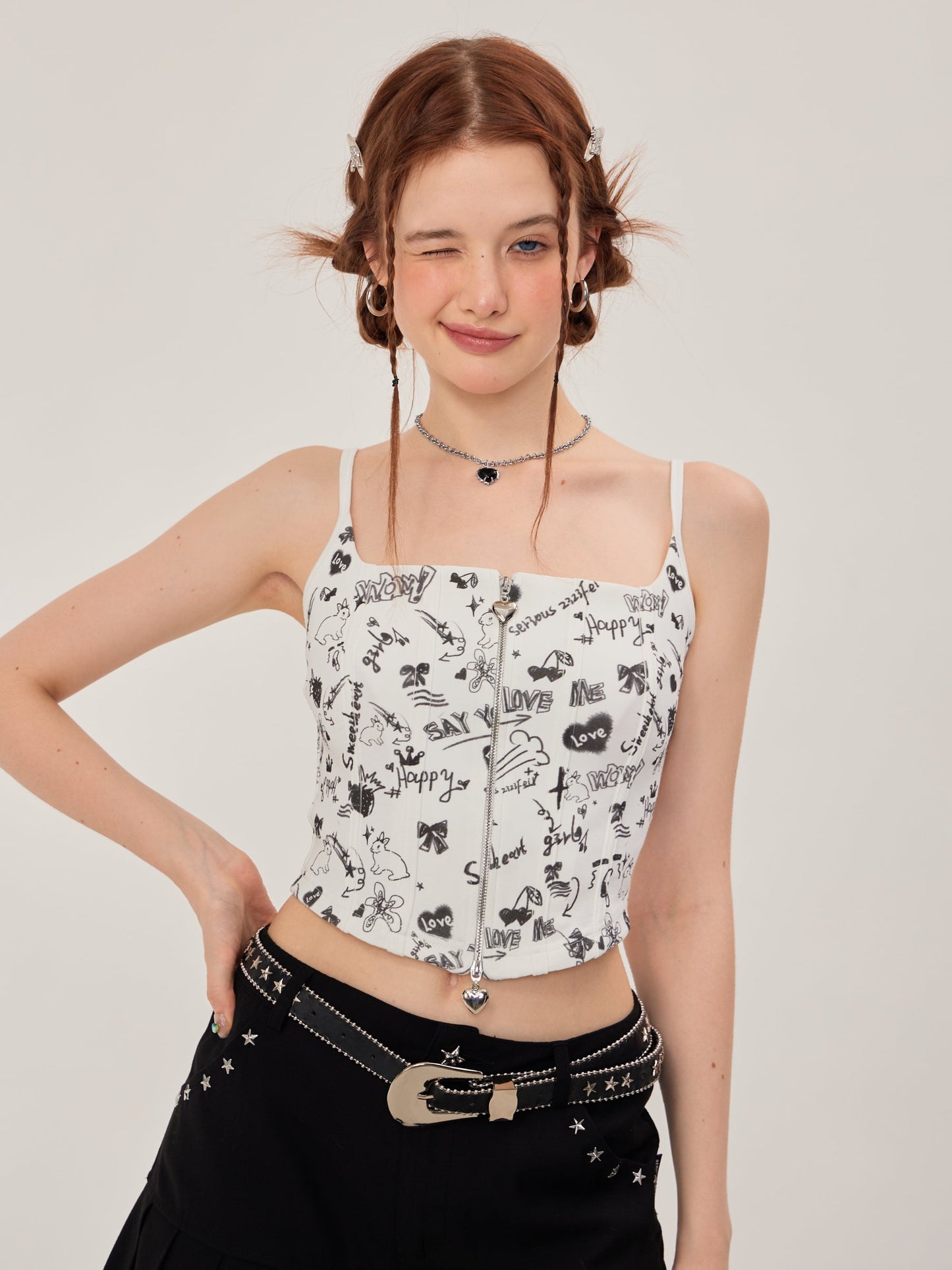 Graffiti Printed Zip Rib Camisole ZZF0252