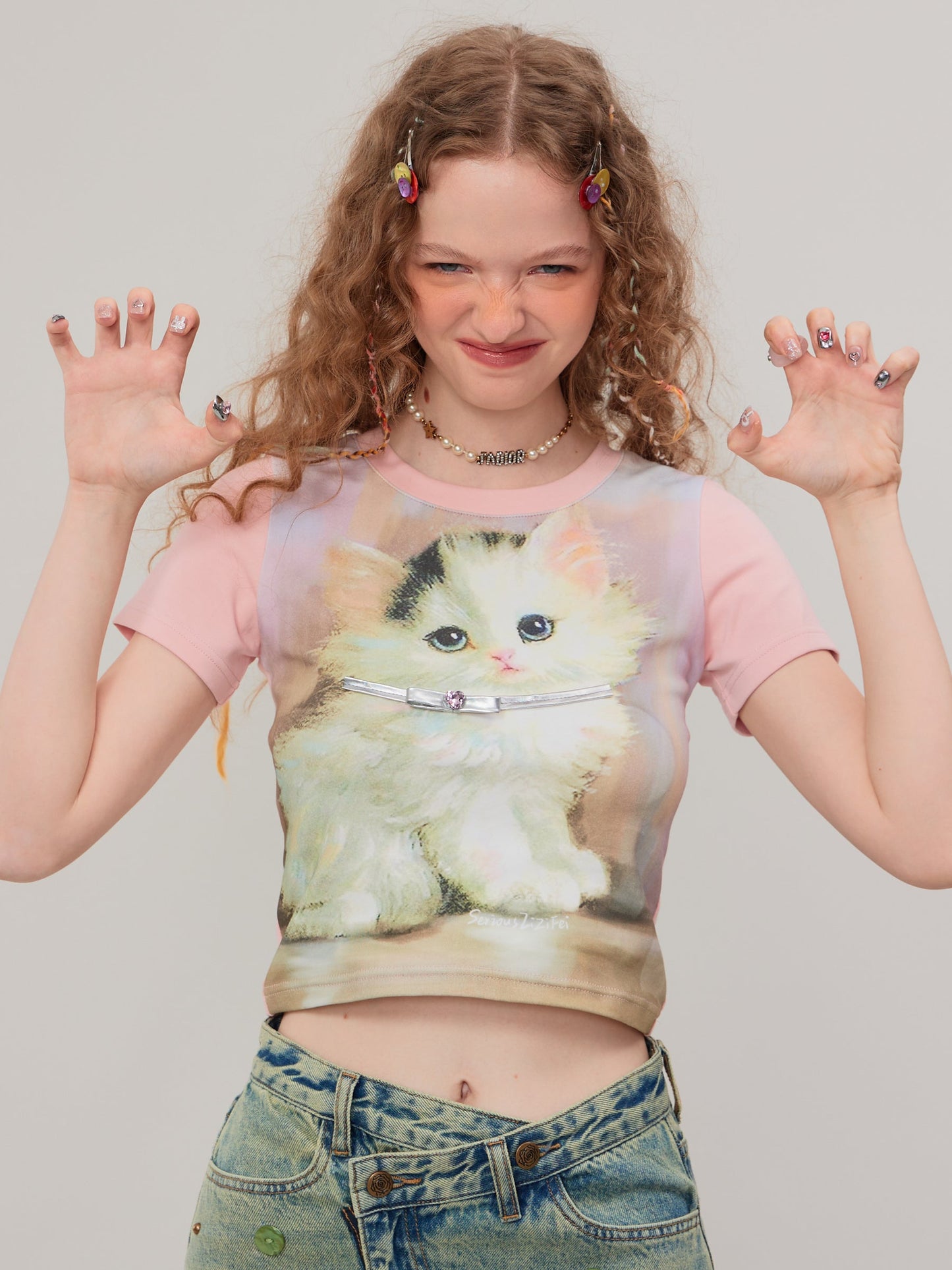 Retro Pink Cat Short Sleeve T-Shirt ZZF0271