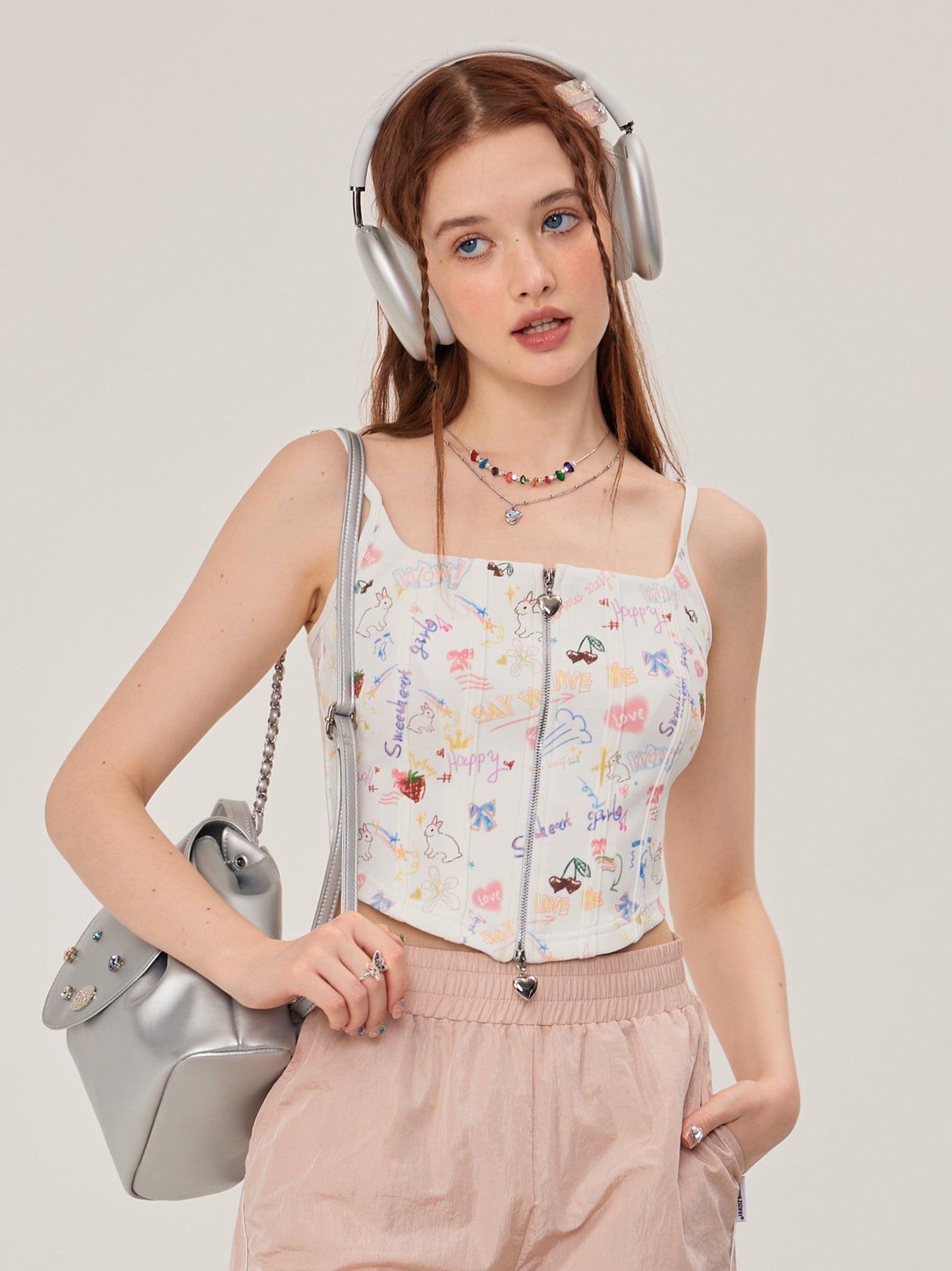 Graffiti Printed Zip Rib Camisole ZZF0252