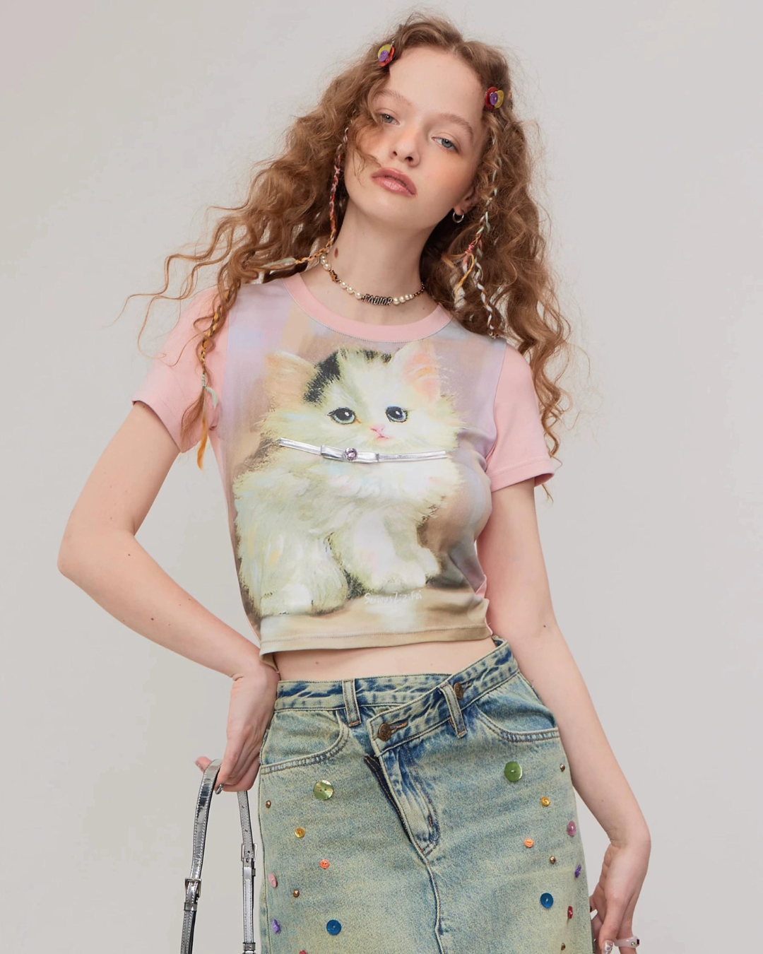 Retro Pink Cat Short Sleeve T-Shirt ZZF0271