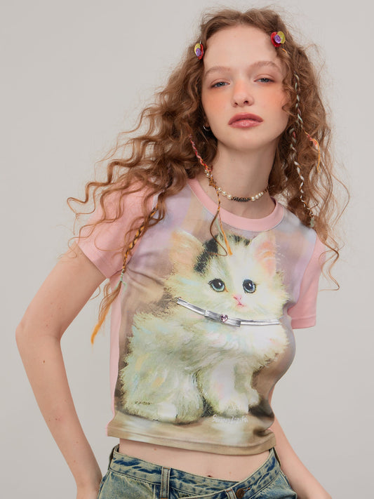 Retro Pink Cat Short Sleeve T-Shirt ZZF0271