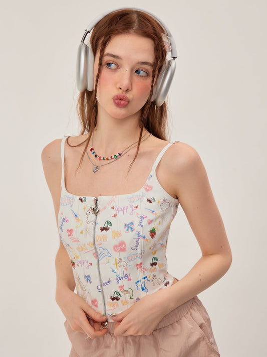 Graffiti Printed Zip Rib Camisole ZZF0252