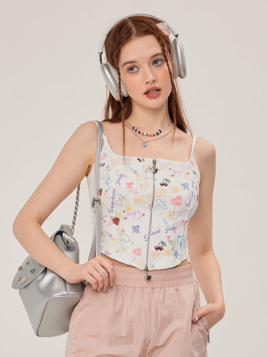 Graffiti Printed Zip Rib Camisole ZZF0252